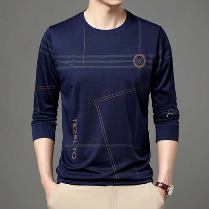 Mens Round Neck Long Sleeve T Shirt chemical fiber blend