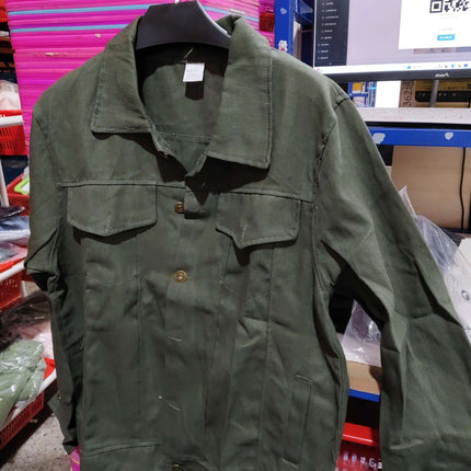 Mens Slim Fit Denim Lapel Jacket Casual Fashion in olive green hanging on a rack.