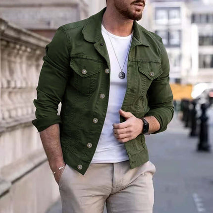 Mens Slim Fit Denim Lapel Jacket Casual Fashion in olive green worn by man with a white shirt outdoors.