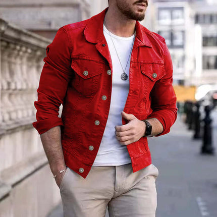 Mens Slim Fit Denim Lapel Jacket Casual Fashion worn by a stylish man in a red jacket against an urban background.