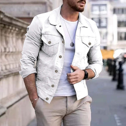 Mens Slim Fit Denim Lapel Jacket Casual Fashion worn by a man in a stylish outdoor setting.