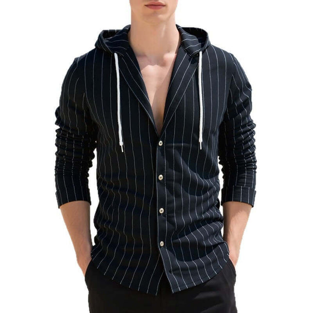 Mens Slim Fit Hooded Linen Long Sleeve Striped Casual Shirt size M 72cm length