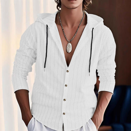 Mens Slim Fit Hooded Linen Long Sleeve Striped Casual Shirt white hooded top