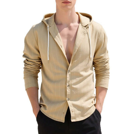 Mens Slim Fit Hooded Linen Long Sleeve Striped Casual Shirt khaki linen