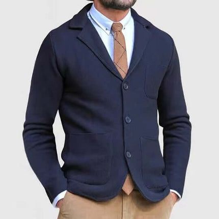 Men's Slim-Fitting English Style Casual Formal Suit Coat worn by a model, featuring a navy color and stylish design.