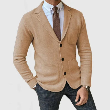 Men's Slim-Fitting English Style Casual Formal Suit Coat worn by a man with a stylish look in a neutral-toned blazer.