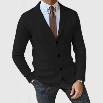 Men's Slim-Fitting English Style Casual Formal Suit Coat displayed on a model, showcasing a black blazer with a stylish fit.