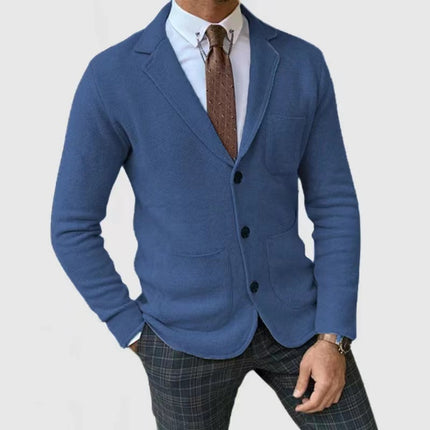 Men's Slim-Fitting English Style Casual Formal Suit Coat in blue worn over a white shirt, styled for a sophisticated look.