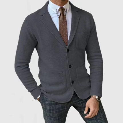 Men's Slim-Fitting English Style Casual Formal Suit Coat worn with a dress shirt and tie, displayed elegantly.