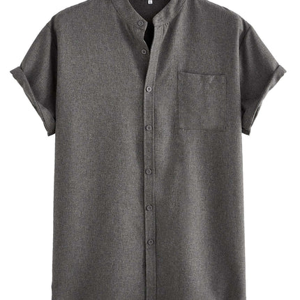 Mens Solid Color Casual Cotton Shirt - Regular Fit Pocket Top in gray color with short sleeves.