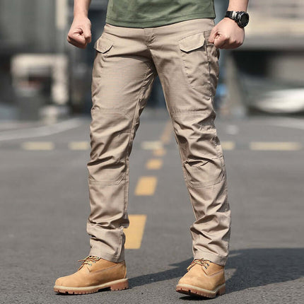 Men wearing Mens Special Service Outdoor Tactical Training Pants and boots on a city street.