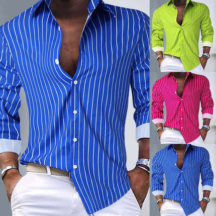Mens Striped Lapel Long Sleeve Shirt in blue, green, pink, and red colors featuring a stylish design and button-down collar.