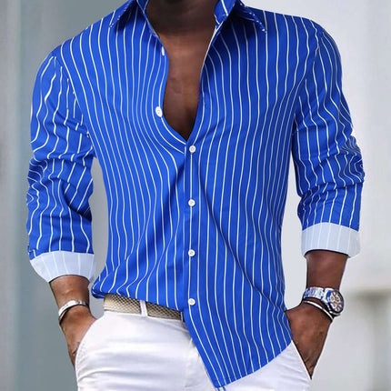Mens Striped Lapel Long Sleeve Shirt in blue with white stripes, stylish and modern design, perfect for casual wear.
