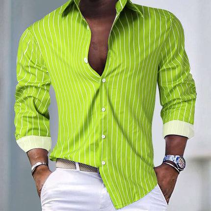 Mens Striped Lapel Long Sleeve Shirt in vibrant green color with white stripes.