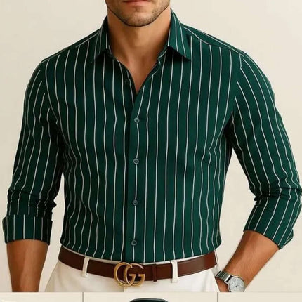 Mens Striped Lapel Long Sleeve Shirt in green with white stripes.