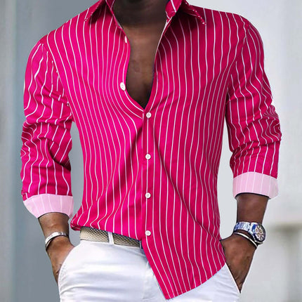 Mens Striped Lapel Long Sleeve Shirt in bright pink with white stripes, showcasing a stylish and modern design.