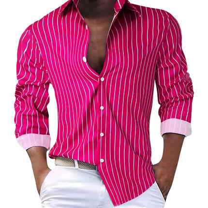 Mens Striped Lapel Long Sleeve Shirt in vibrant pink with white stripes, styled with rolled-up sleeves.