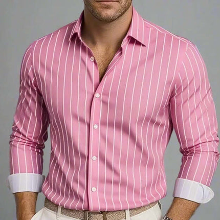 Mens Striped Lapel Long Sleeve Shirt in pink with white stripes