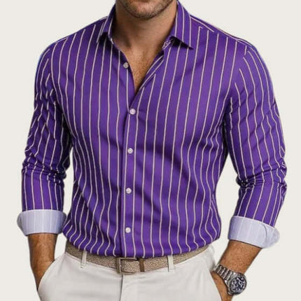 Mens Striped Lapel Long Sleeve Shirt in purple with white stripes, featuring button-down collar and rolled-up sleeves.