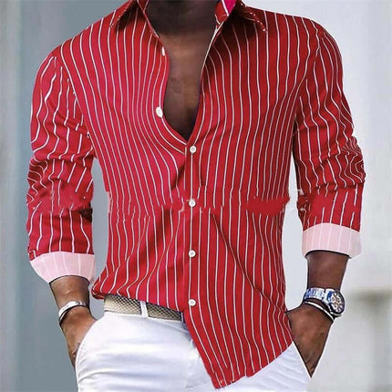 Mens Striped Lapel Long Sleeve Shirt in red with white stripes and buttoned cuffs.