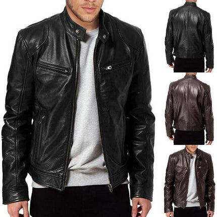 Men PU Leather Zip Up Jacket Stand Collar Casual Coat front view
