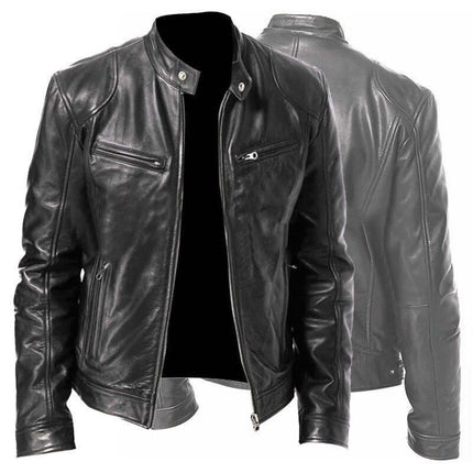 Men PU Leather Zip Up Jacket Stand Collar Casual Coat back view
