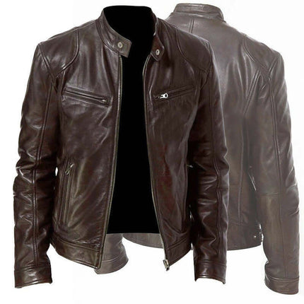 Men PU Leather Zip Up Jacket Stand Collar Casual Coat black color