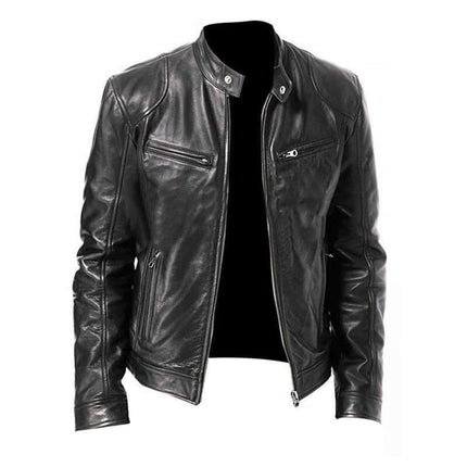 Men PU Leather Zip Up Jacket Stand Collar Casual Coat brown color