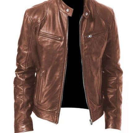 Men PU Leather Zip Up Jacket Stand Collar Casual Coat coffee color