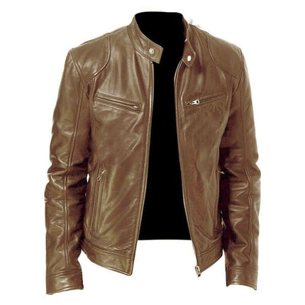 Men PU Leather Zip Up Jacket Stand Collar Casual Coat zipper detail