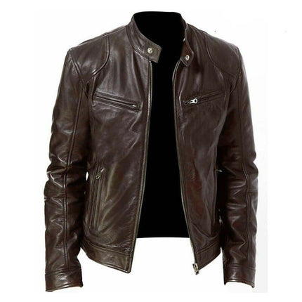 Men PU Leather Zip Up Jacket Stand Collar Casual Coat collar design