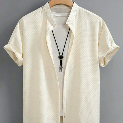 Mens Summer Breathable Cotton Blend Stand Collar Shirt beige casual