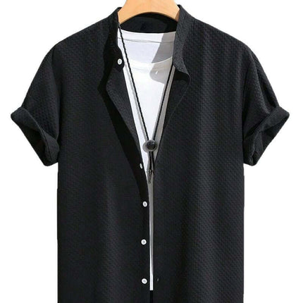 Mens Summer Breathable Cotton Blend Stand Collar Shirt black