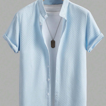 Mens Summer Breathable Cotton Blend Stand Collar Shirt light blue