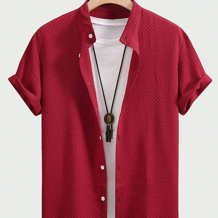 Mens Summer Breathable Cotton Blend Stand Collar Shirt wine red