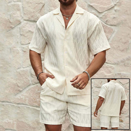 Mens Summer Casual Button Shirt And Shorts Set in light color, perfect for warm weather and stylish summer outings.