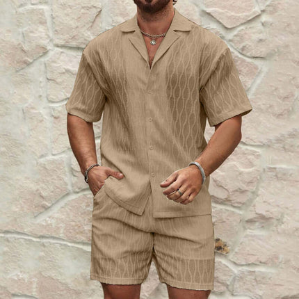 Mens Summer Casual Button Shirt And Shorts Set in beige color, featuring a stylish design perfect for summer wear.