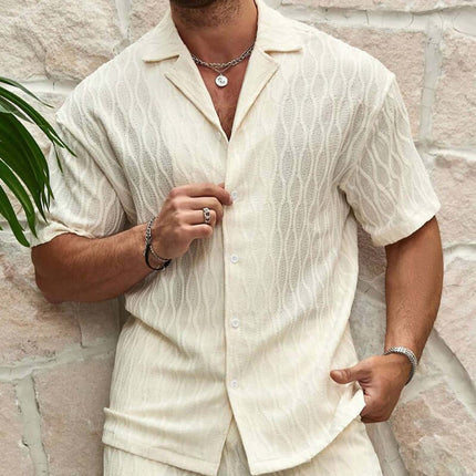 Mens Summer Casual Button Shirt And Shorts Set displayed on a model, featuring a light color and modern design.