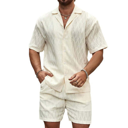 Mens Summer Casual Button Shirt And Shorts Set displayed on a model in a light color.