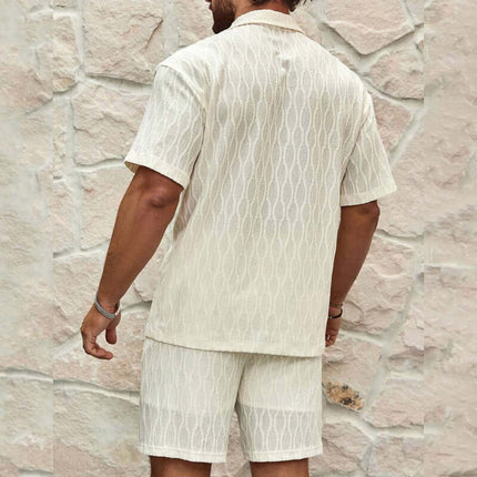 Mens Summer Casual Button Shirt And Shorts Set worn by a man from the back against a stone wall.