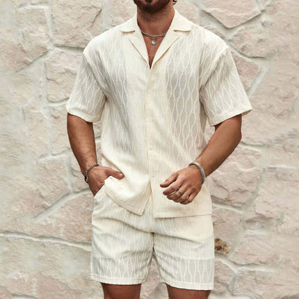 Mens Summer Casual Button Shirt And Shorts Set in a stylish light color, ideal for warm weather, featuring a short-sleeve button-up shirt and shorts.