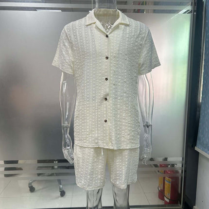Mens Summer Casual Button Shirt And Shorts Set displayed on a mannequin, featuring a textured white fabric and button details.
