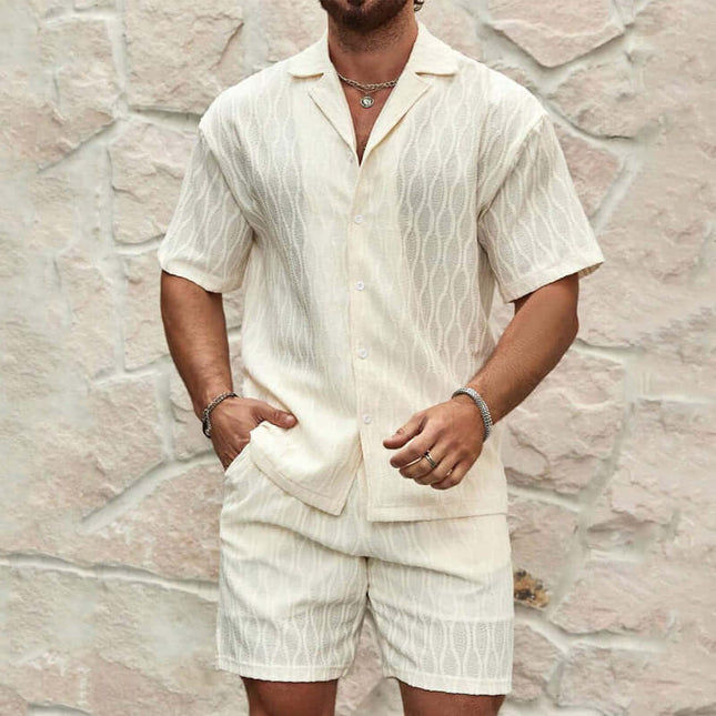 Mens Summer Casual Button Shirt And Shorts Set in light color with unique pattern.