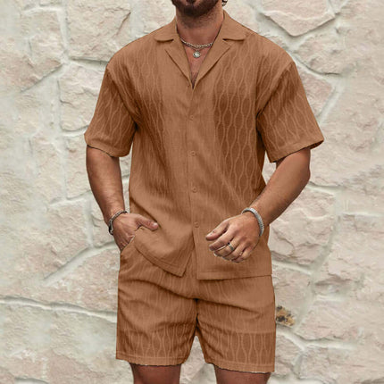 Mens Summer Casual Button Shirt And Shorts Set in brown color on model with stylish design.