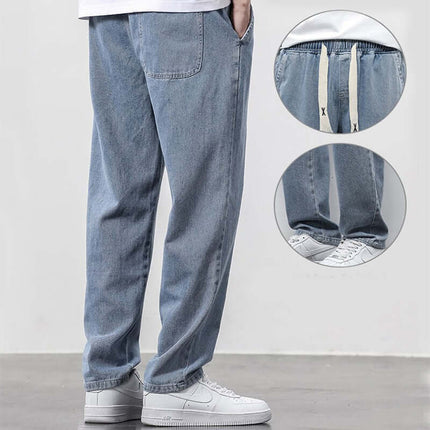 Men's Summer Loose Wide Leg Drawstring Jeans back view illustrating deep clean functional patch pocket placements smoothly