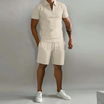 Mens Summer Polo Shirt And Drawstring Shorts Set in beige with white sneakers