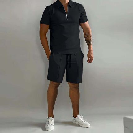 Mens Summer Polo Shirt And Drawstring Shorts Set in black color worn by a male model.