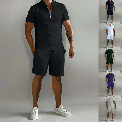 Mens Summer Polo Shirt And Drawstring Shorts Set in black, featuring a stylish zip collar and matching shorts.