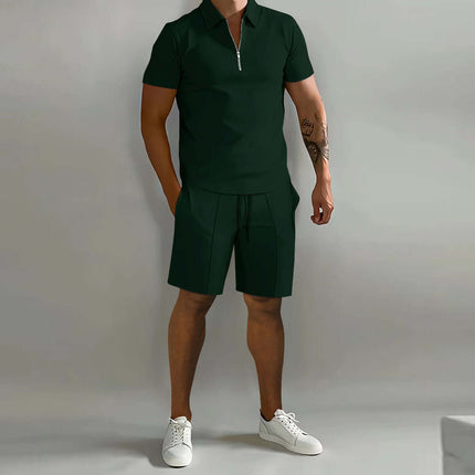 Mens Summer Polo Shirt And Drawstring Shorts Set in dark green, model wearing stylish summer outfit.