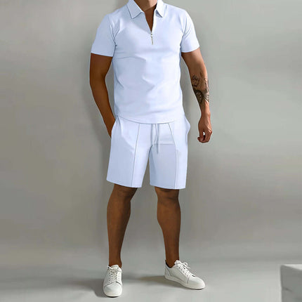 Mens Summer Polo Shirt And Drawstring Shorts Set in white, perfect for warm weather casual wear.